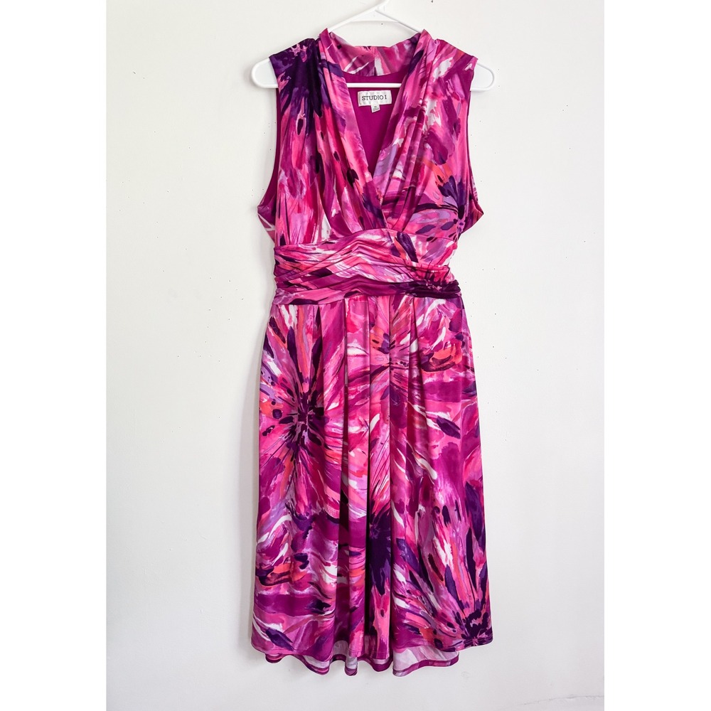 Vintage Y2K Pink Purple Floral Ruched Waist V-Neck Artsy Midi Dress Womens 14